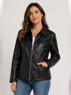 Renee Raquel Black Zipper PU Jacket, Large